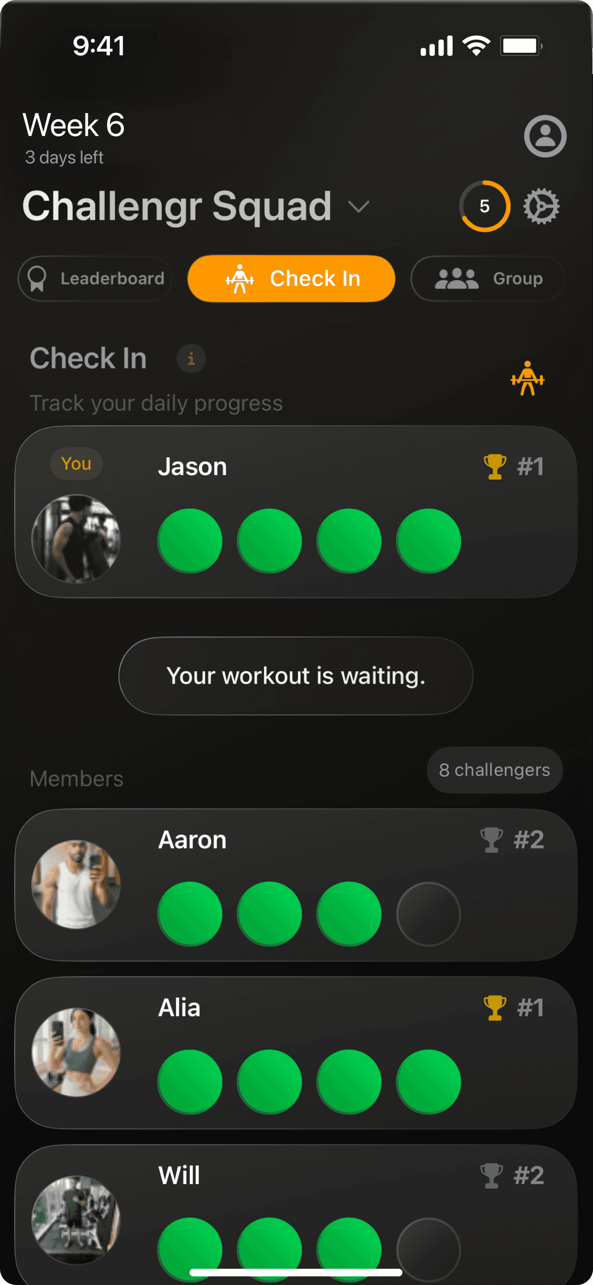 Challengrs check-in screen